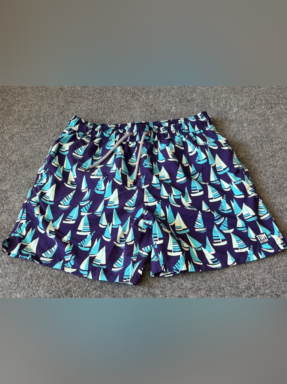 Tom & Teddy Navy Swim Trunks with Aqua and White Sailboat Print